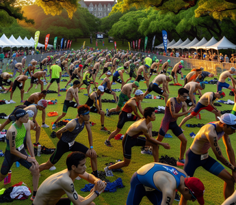Athletes, children warm up for triathlon
