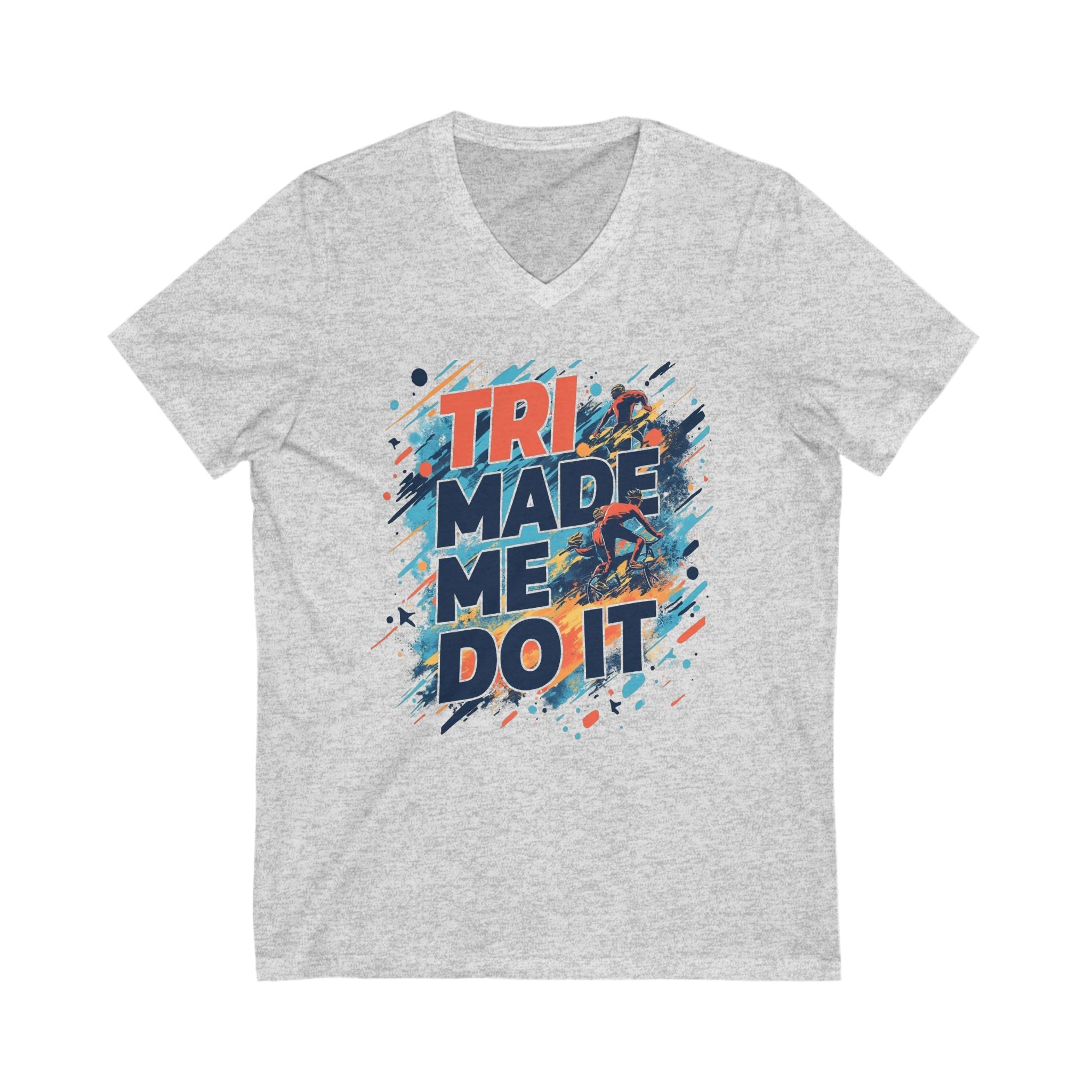 Tri Made Me Do It V-Neck Tee - Unisex Short Sleeve Workout Shirt for Triathletes, 100% Cotton, Breathable & Comfortable Fit, Ideal for Triathlon Events & Casual Wardrobe