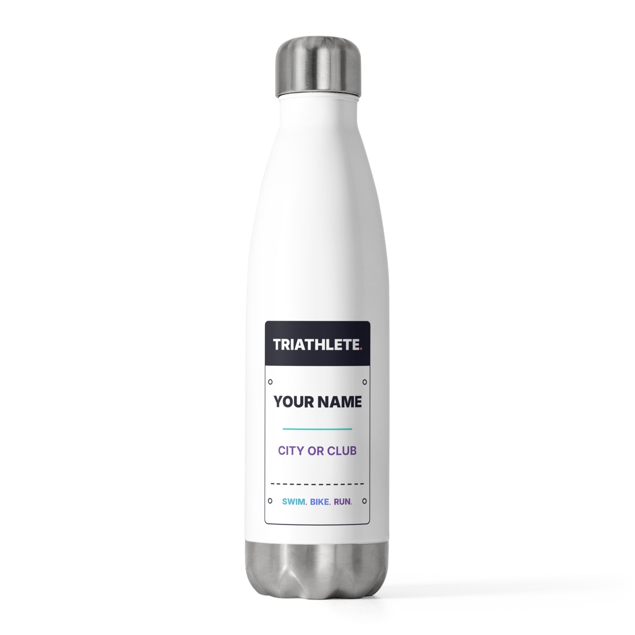Botella Personalizada para Triatleta 20oz — Estilo Dorsal, Nombre a tu Elección