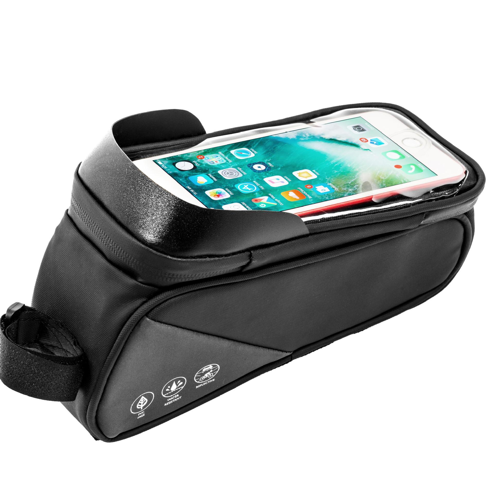 Reflective Bicycle Top Tube Phone Case - 600D Oxford Cloth, PU, Black, Bike Storage Bag, Cycling Gear