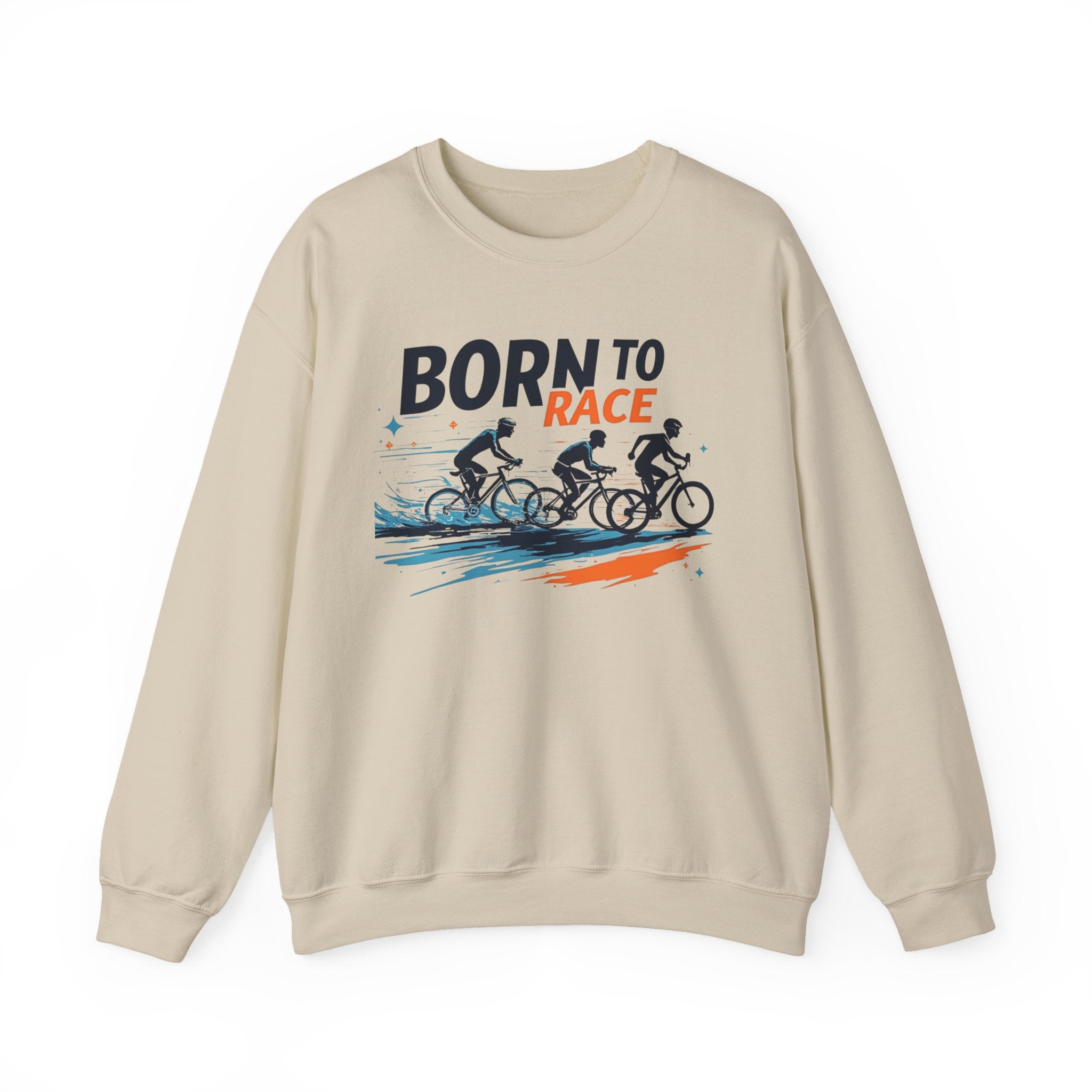Eco-Conscious Crewneck Sweatshirt "Born to Race" Cycling Graphic - Triathlon Training Pullover 50/50 Cotton-Poly Blend Durable Breathable Apparel