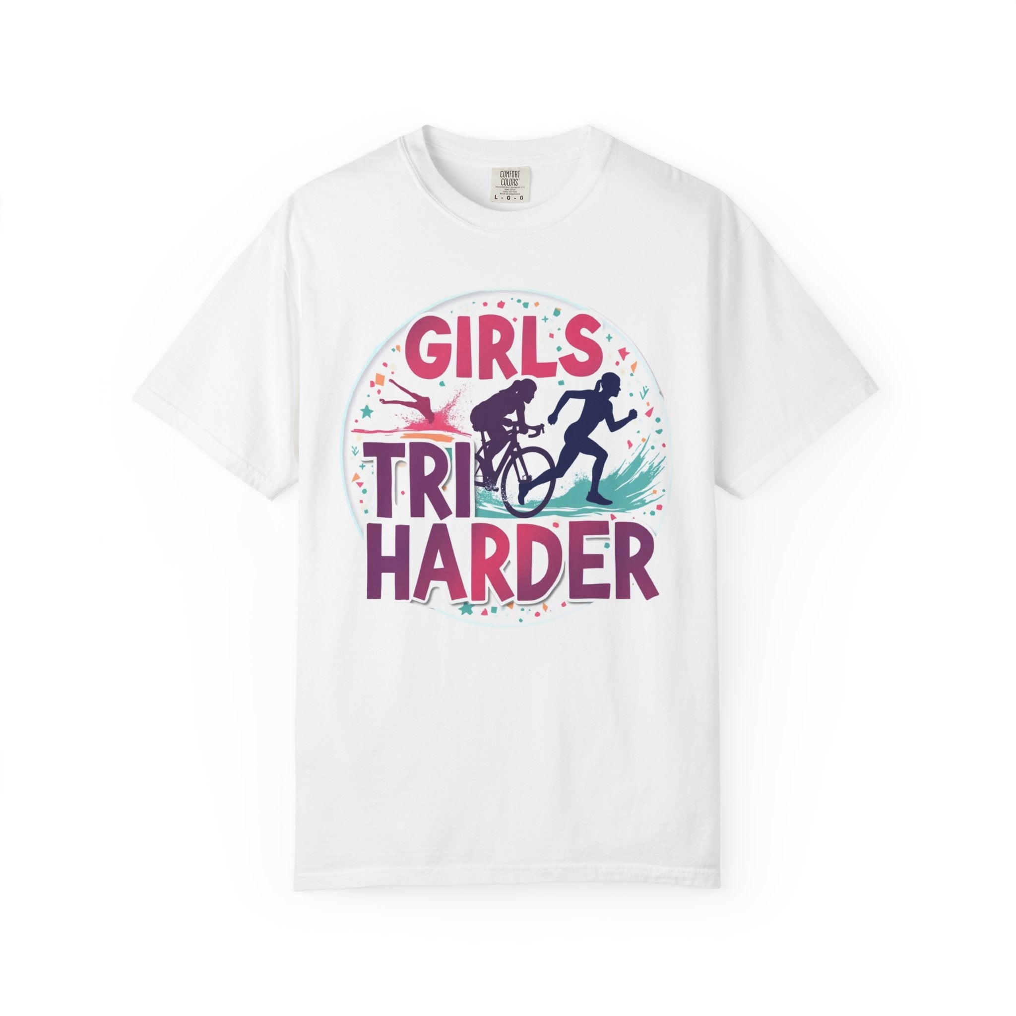 Girls Tri Harder Women's Motivational T-Shirt - 100% Ring-Spun Cotton, Garment-Dyed Sports Tee for Active Lifestyle, Gym Wear & Gifts for Triathletes