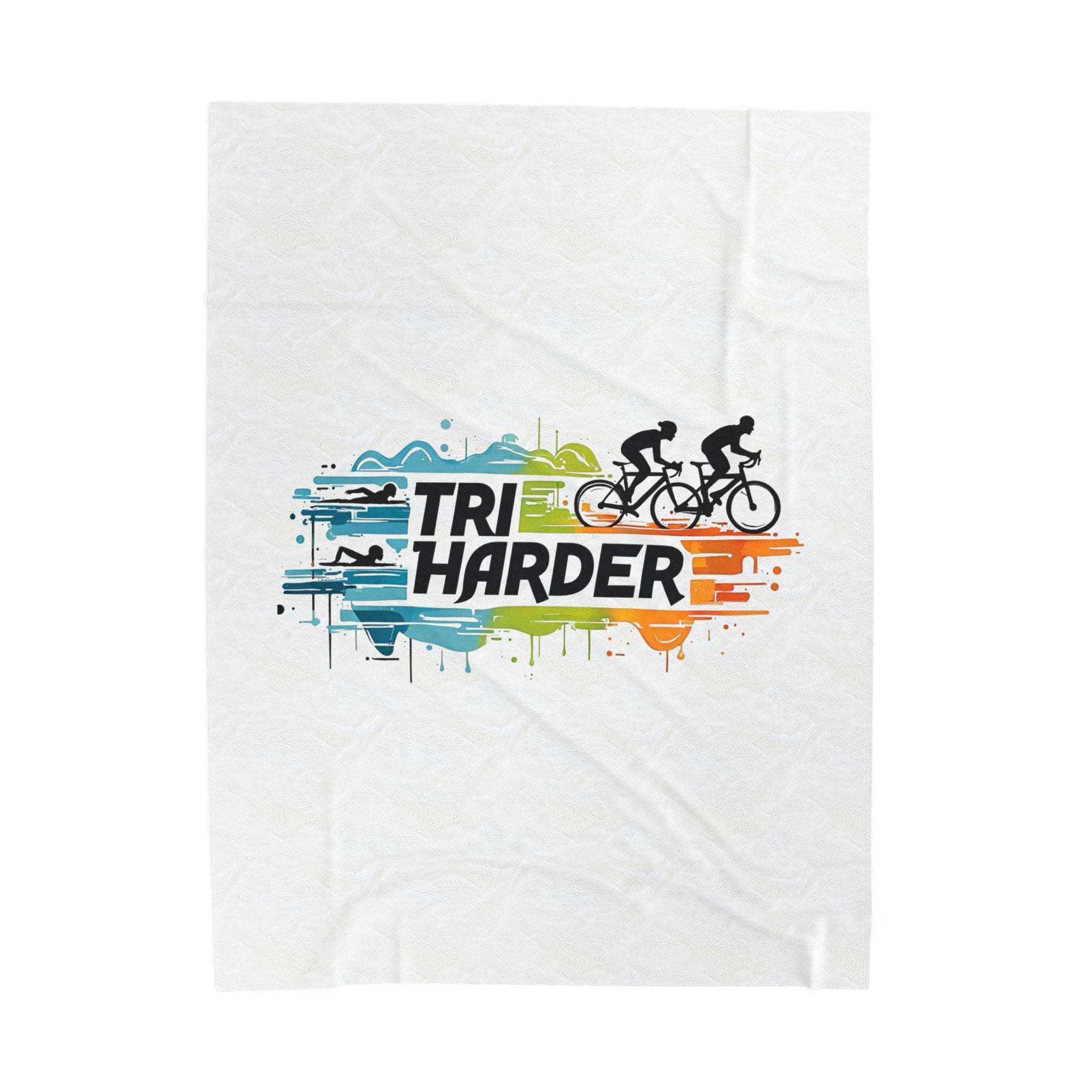Velveteen Plush Blanket - "Tri Harder" Triathlon Cycling & Swim Run Motivational Throw