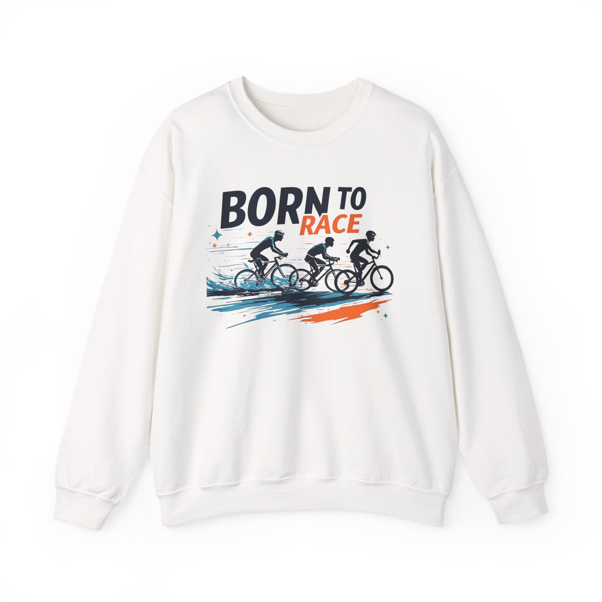 Eco-Conscious Crewneck Sweatshirt "Born to Race" Cycling Graphic - Triathlon Training Pullover 50/50 Cotton-Poly Blend Durable Breathable Apparel