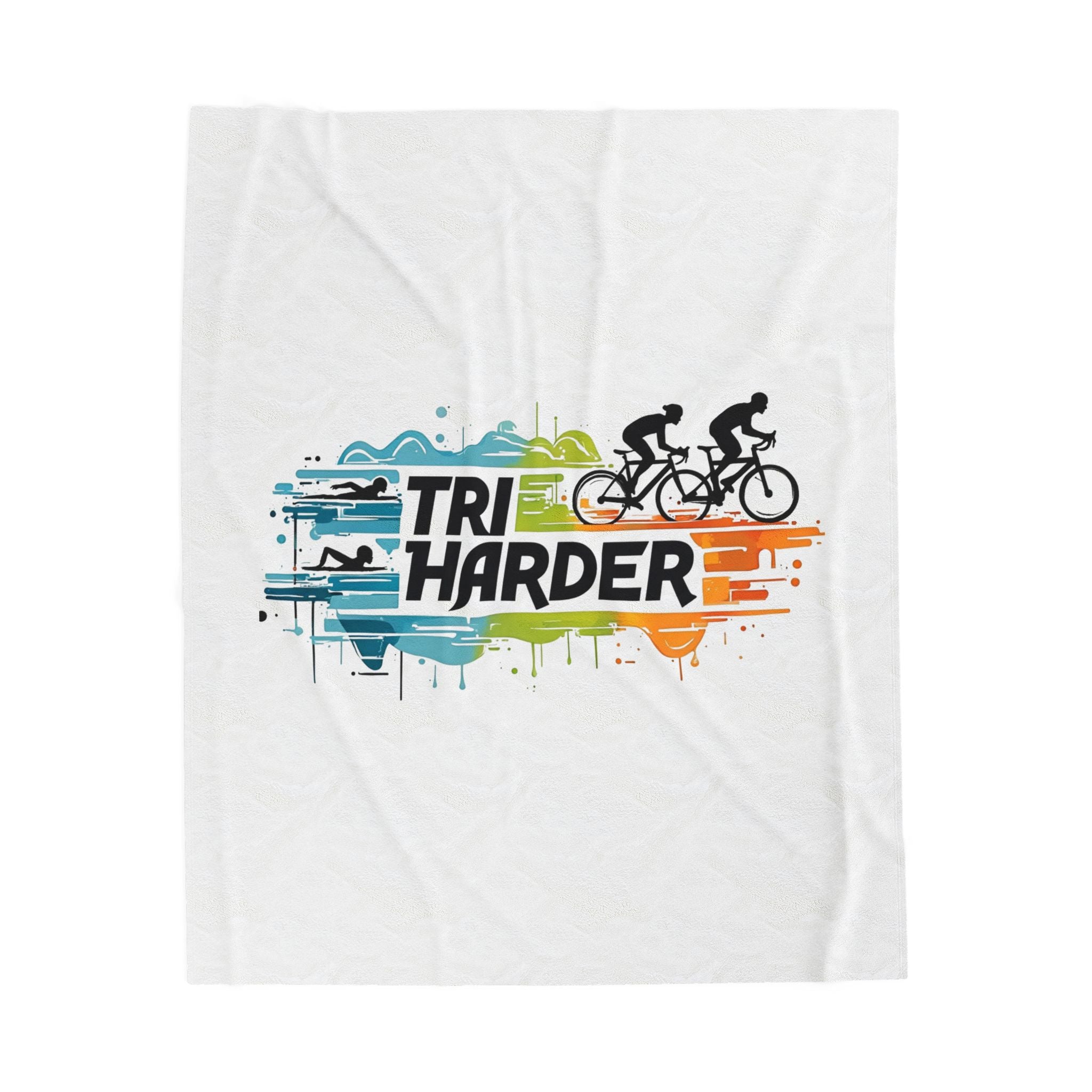 Velveteen Plush Blanket - "Tri Harder" Triathlon Cycling & Swim Run Motivational Throw
