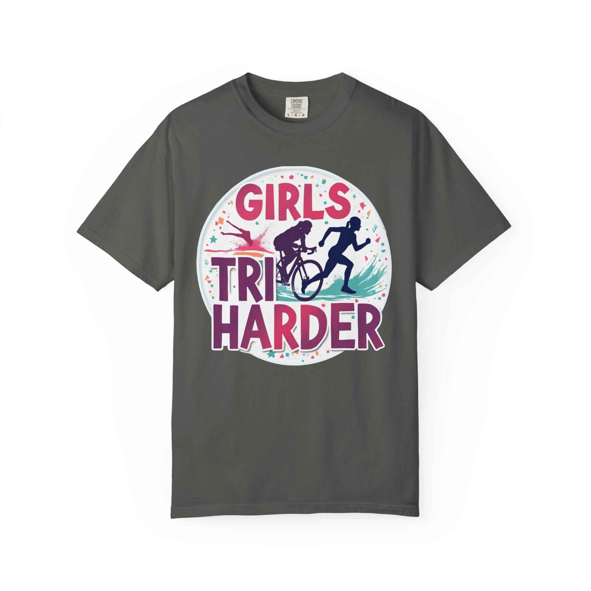 Girls Tri Harder Women's Motivational T-Shirt - 100% Ring-Spun Cotton, Garment-Dyed Sports Tee for Active Lifestyle, Gym Wear & Gifts for Triathletes