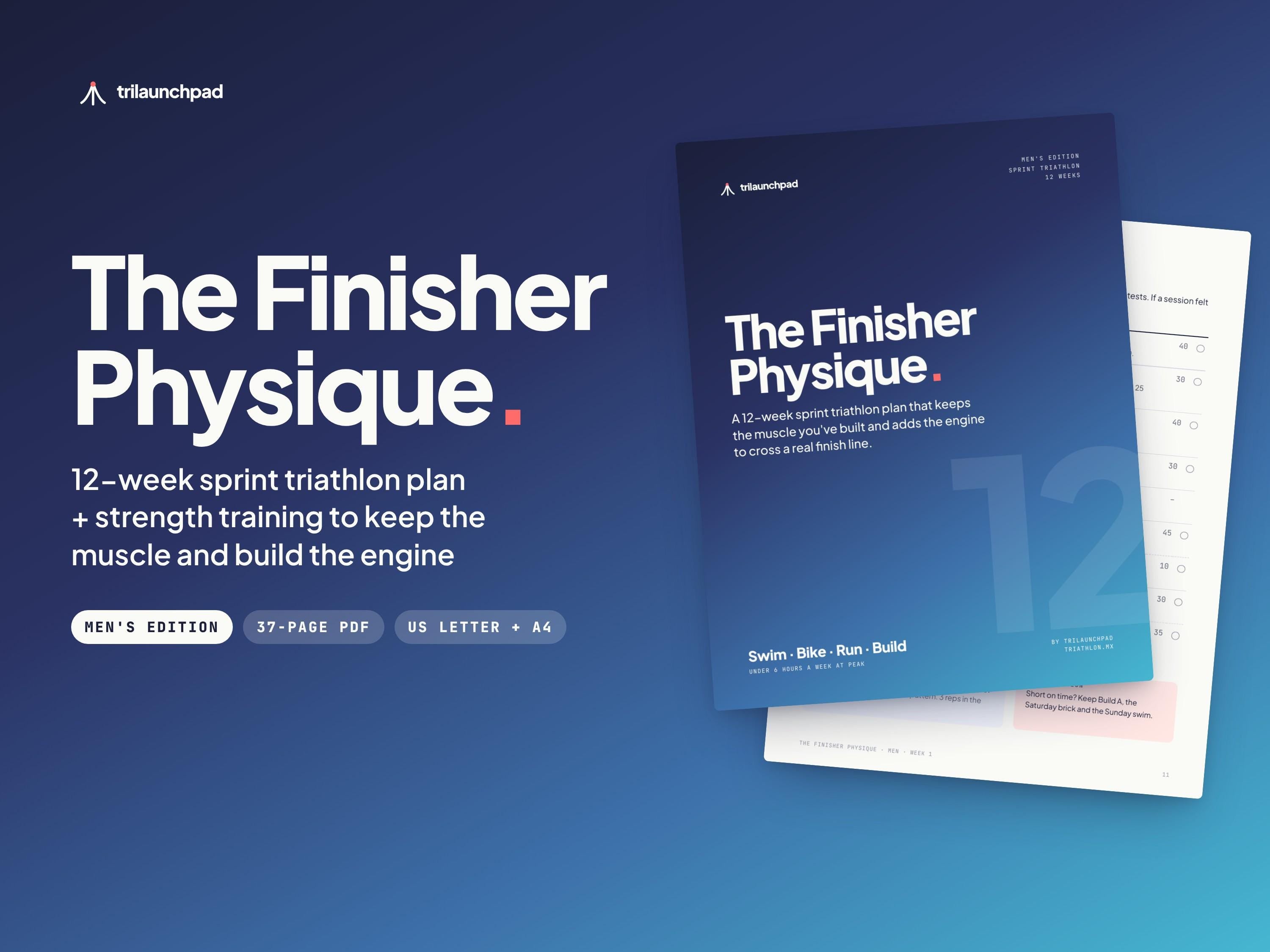 The Finisher Physique 12-week sprint triathlon plan for men, PDF cover