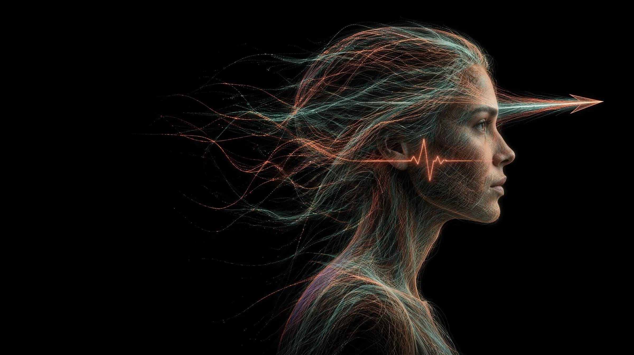 V.E.C.T.O.R., drawn as a profile of coral and teal light threads, its brow sharpening into a forward arrow.